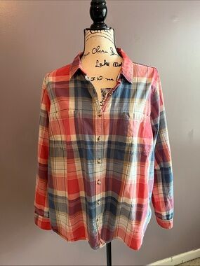 Sonoma Plaid Button-Up Shirt in Coral, Blue & Cream